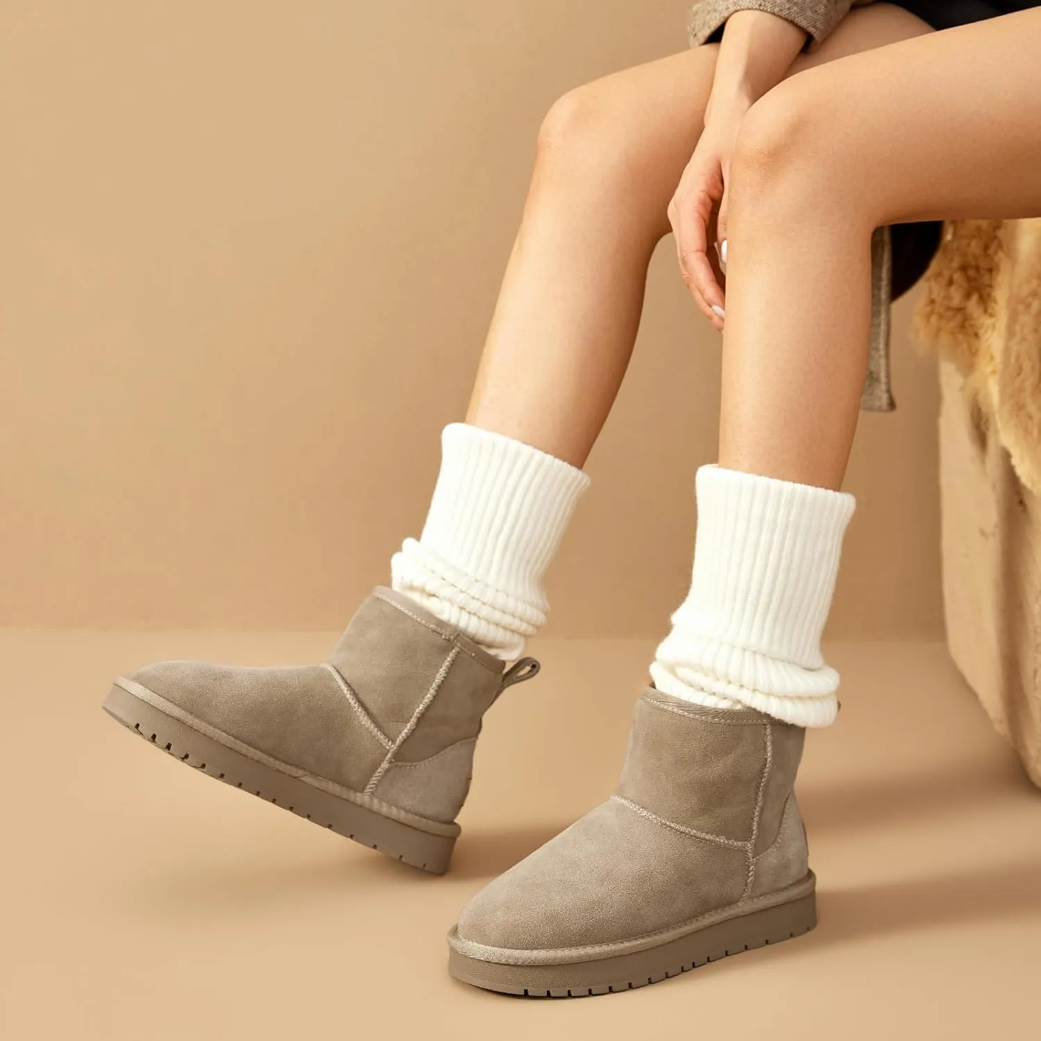 BEAU TODAY Snow Boots for Women Genuine Sheepskin Shearling Winter Non-Slip Ankle Booties Warm Fur Iining Platform Comfortable Round Toe Boots Pull-on Walking Shoes Outdoors
