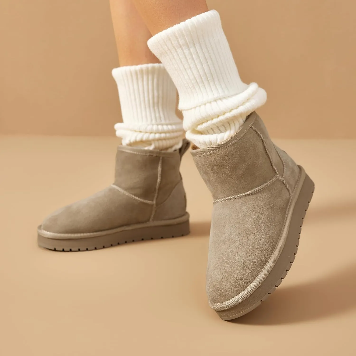 BEAU TODAY Snow Boots for Women Genuine Sheepskin Shearling Winter Non-Slip Ankle Booties Warm Fur Iining Platform Comfortable Round Toe Boots Pull-on Walking Shoes Outdoors