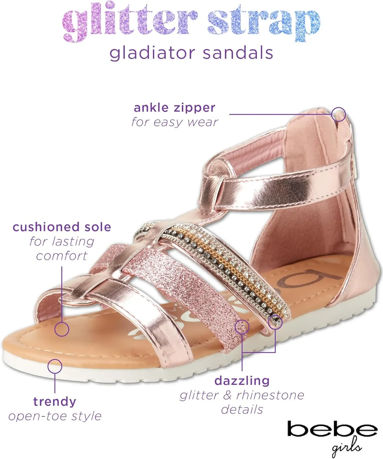bebe Girls' Sandals - Open Toe Summer Shoes Cute Flat Strappy Gladiator Sandals with Ankle Zipper and Cushioned Sole