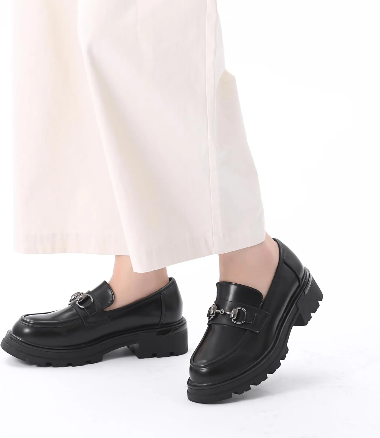 Bernal Women Chunky Platform Loafers Comfy Slip-On Penny Loafers Dressy Shoes Work School Party with Buckle