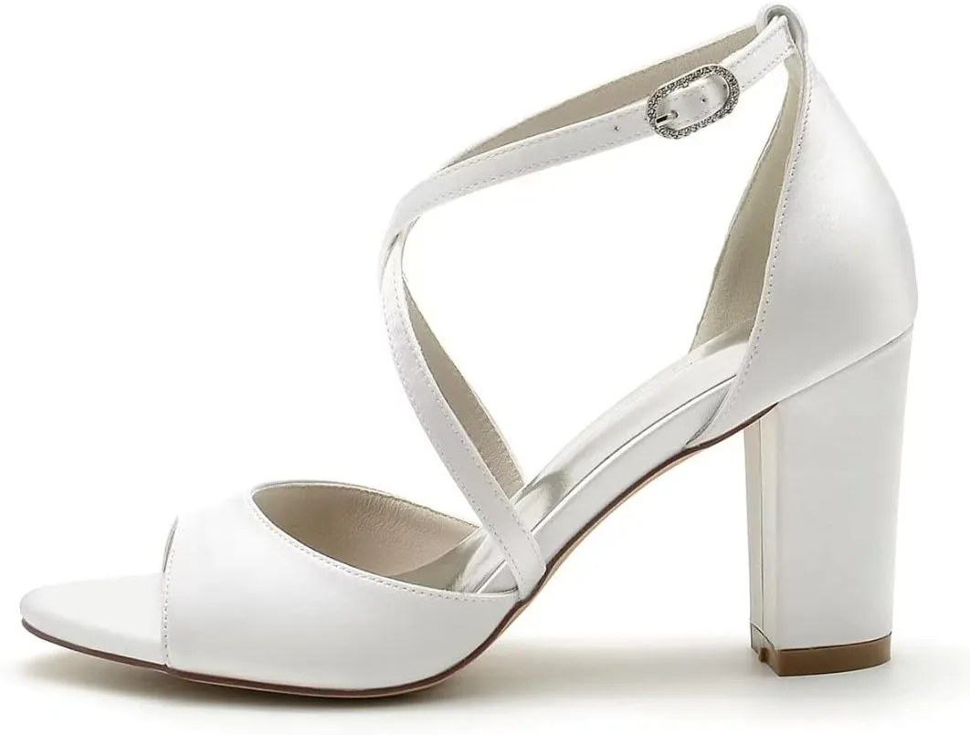 Block Heel Wedding Sandals Cross Strap Chunky Heels for Bride Evening Shoes for Women Formal