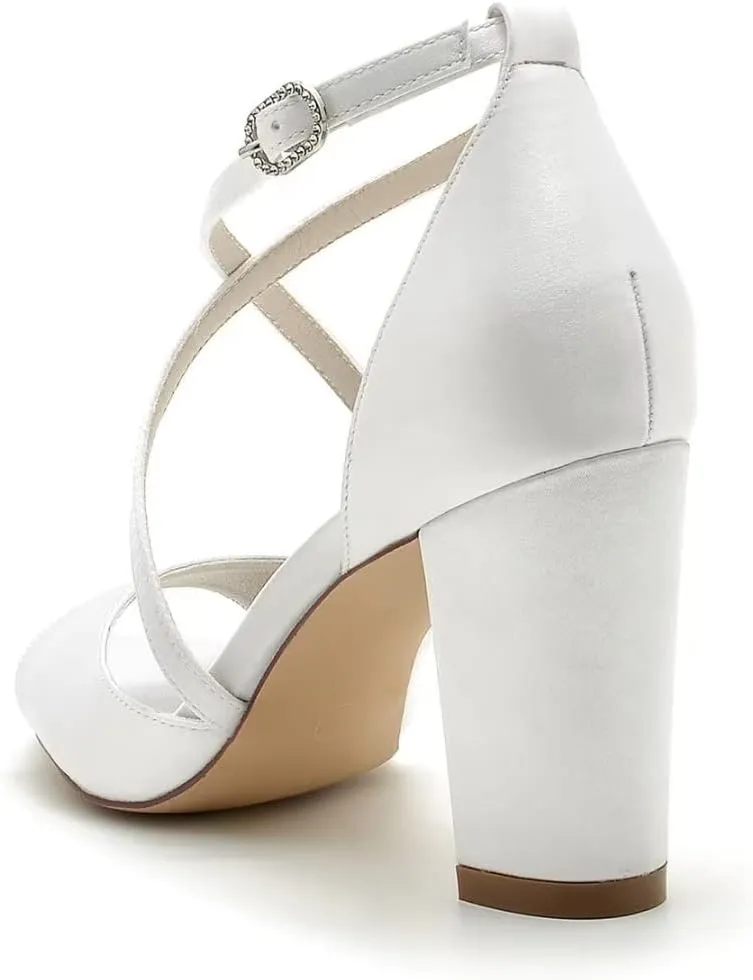 Block Heel Wedding Sandals Cross Strap Chunky Heels for Bride Evening Shoes for Women Formal