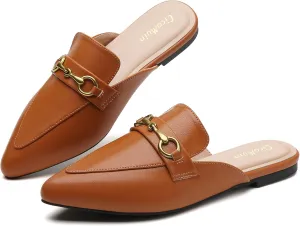 Buckle Mules for Women Pointed Toe Backless Flat Mules Slip on Slides Loafer Shoes