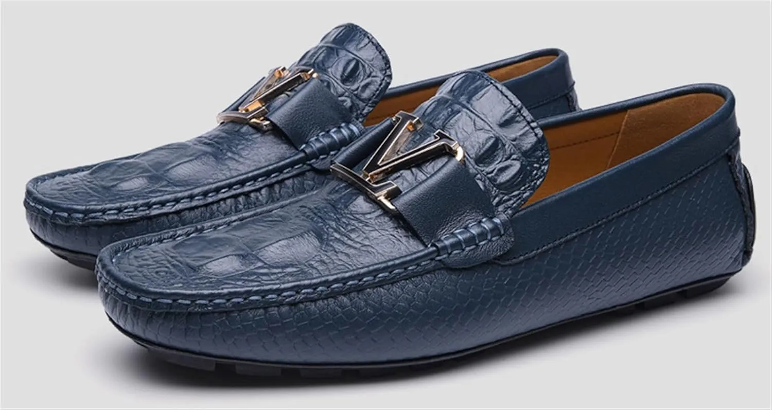 Business Low Top Flat Heel Loafers for Men's Leather Lined Dress Shoes Round top Non-Slip Wear Resistant Moccasins Casual Lightweight Metals Decor Walking