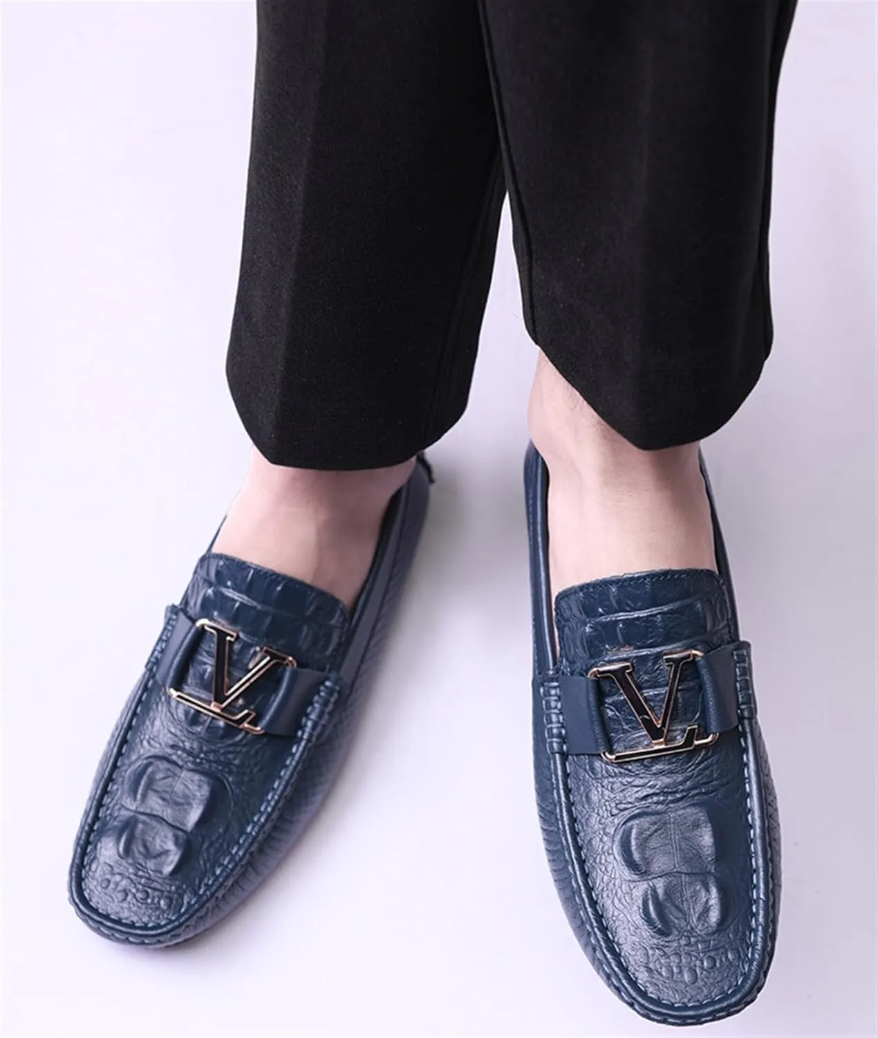 Business Low Top Flat Heel Loafers for Men's Leather Lined Dress Shoes Round top Non-Slip Wear Resistant Moccasins Casual Lightweight Metals Decor Walking