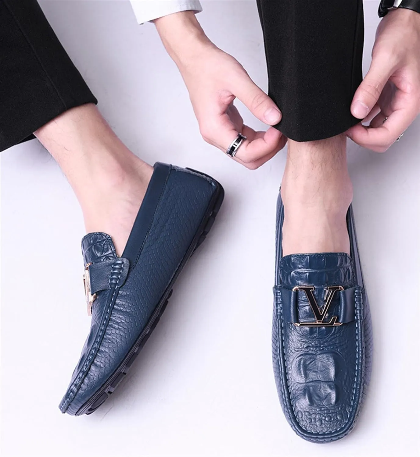 Business Low Top Flat Heel Loafers for Men's Leather Lined Dress Shoes Round top Non-Slip Wear Resistant Moccasins Casual Lightweight Metals Decor Walking