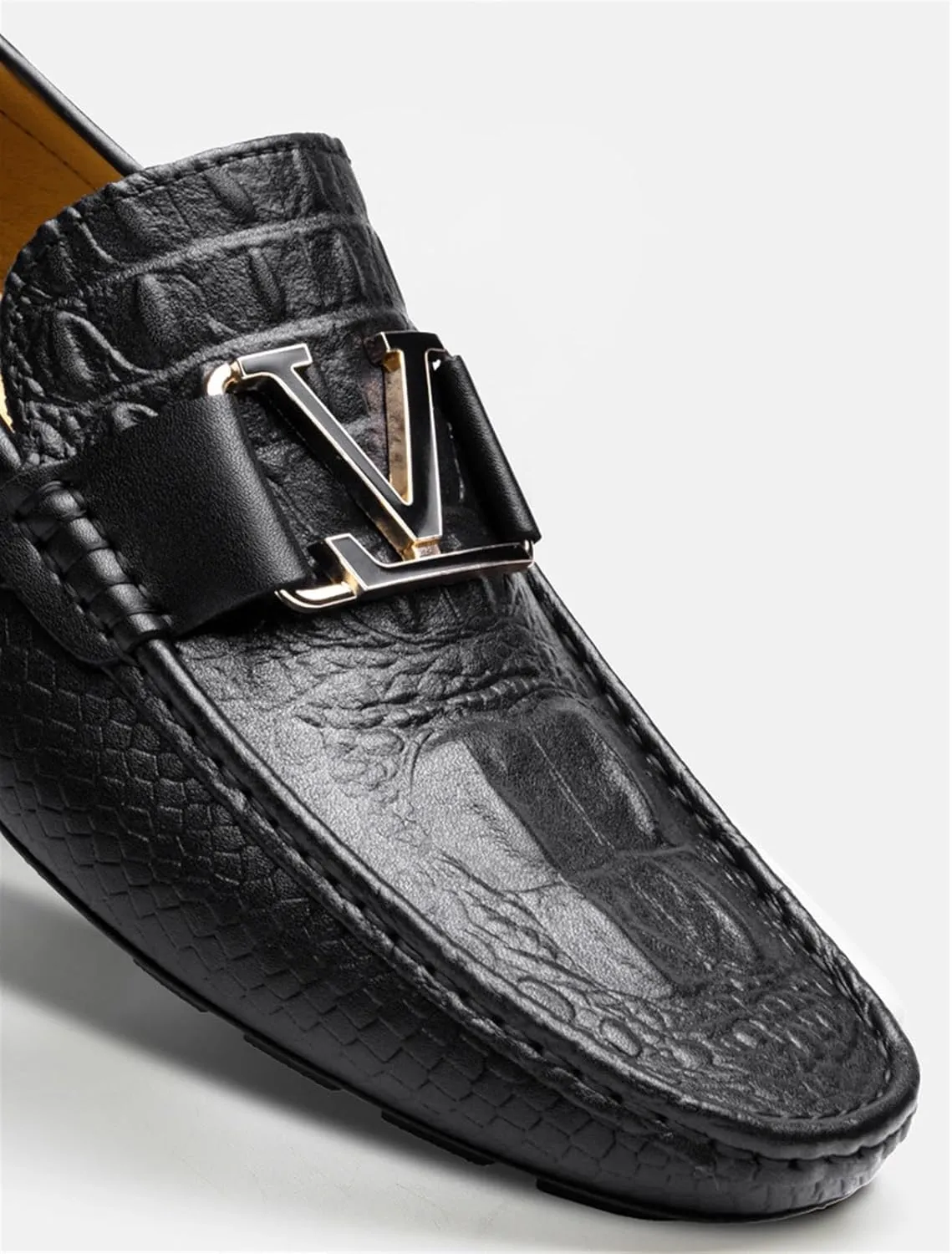 Business Low Top Flat Heel Loafers for Men's Leather Lined Dress Shoes Round top Non-Slip Wear Resistant Moccasins Casual Lightweight Metals Decor Walking