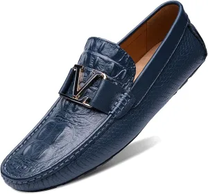 Business Low Top Flat Heel Loafers for Men's Leather Lined Dress Shoes Round top Non-Slip Wear Resistant Moccasins Casual Lightweight Metals Decor Walking