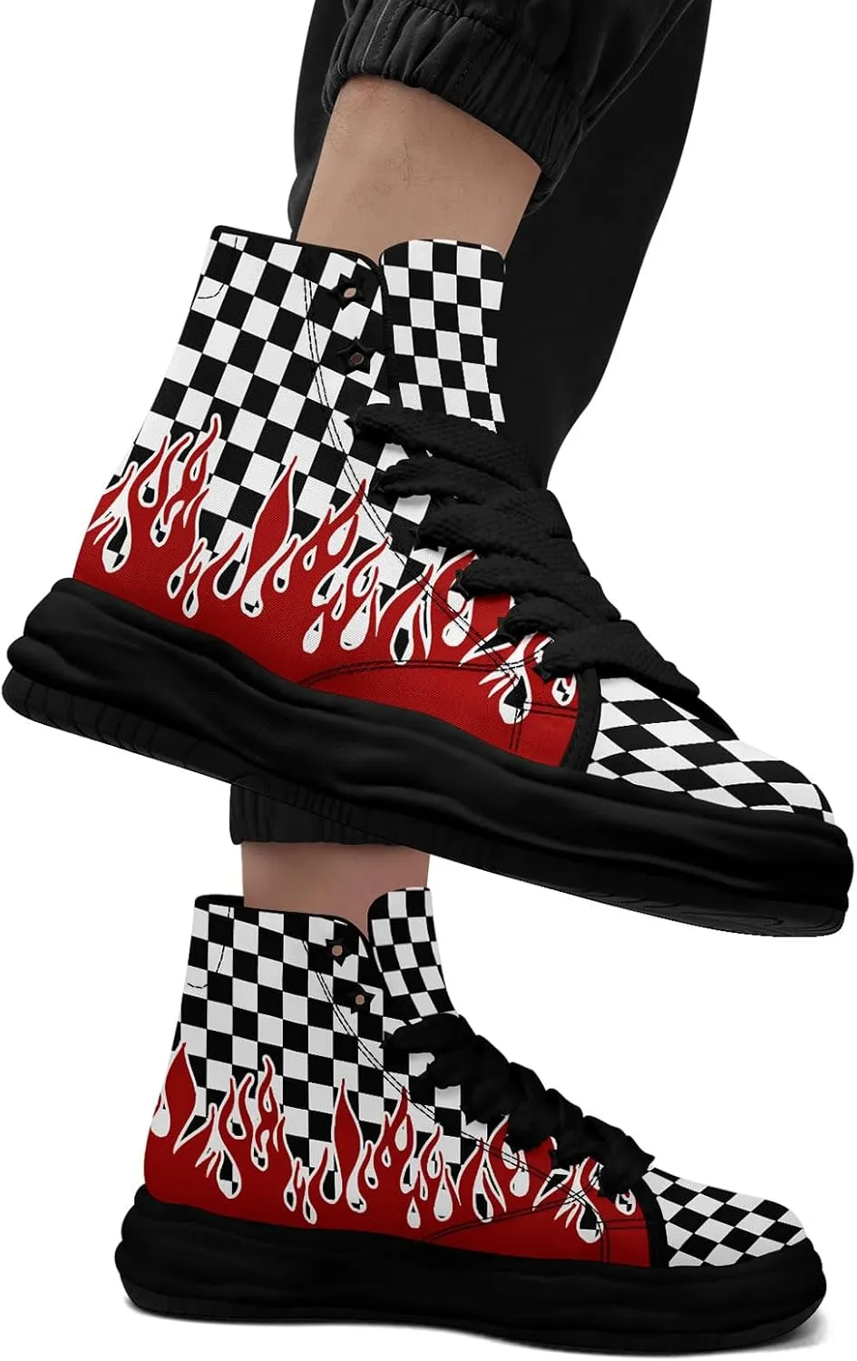 Checkered Flame High-Top Platform Sneakers, Custom Chunky Elevated Canvas Trainers for Streetwear Race Casual Footwear