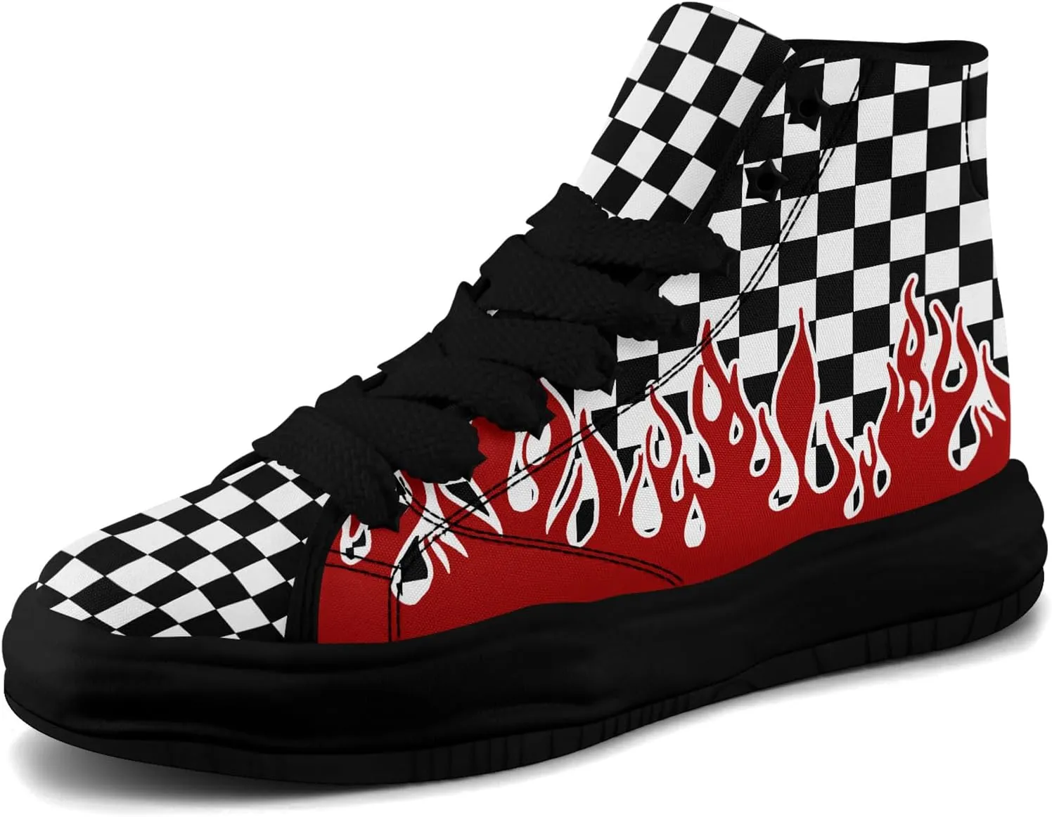 Checkered Flame High-Top Platform Sneakers, Custom Chunky Elevated Canvas Trainers for Streetwear Race Casual Footwear