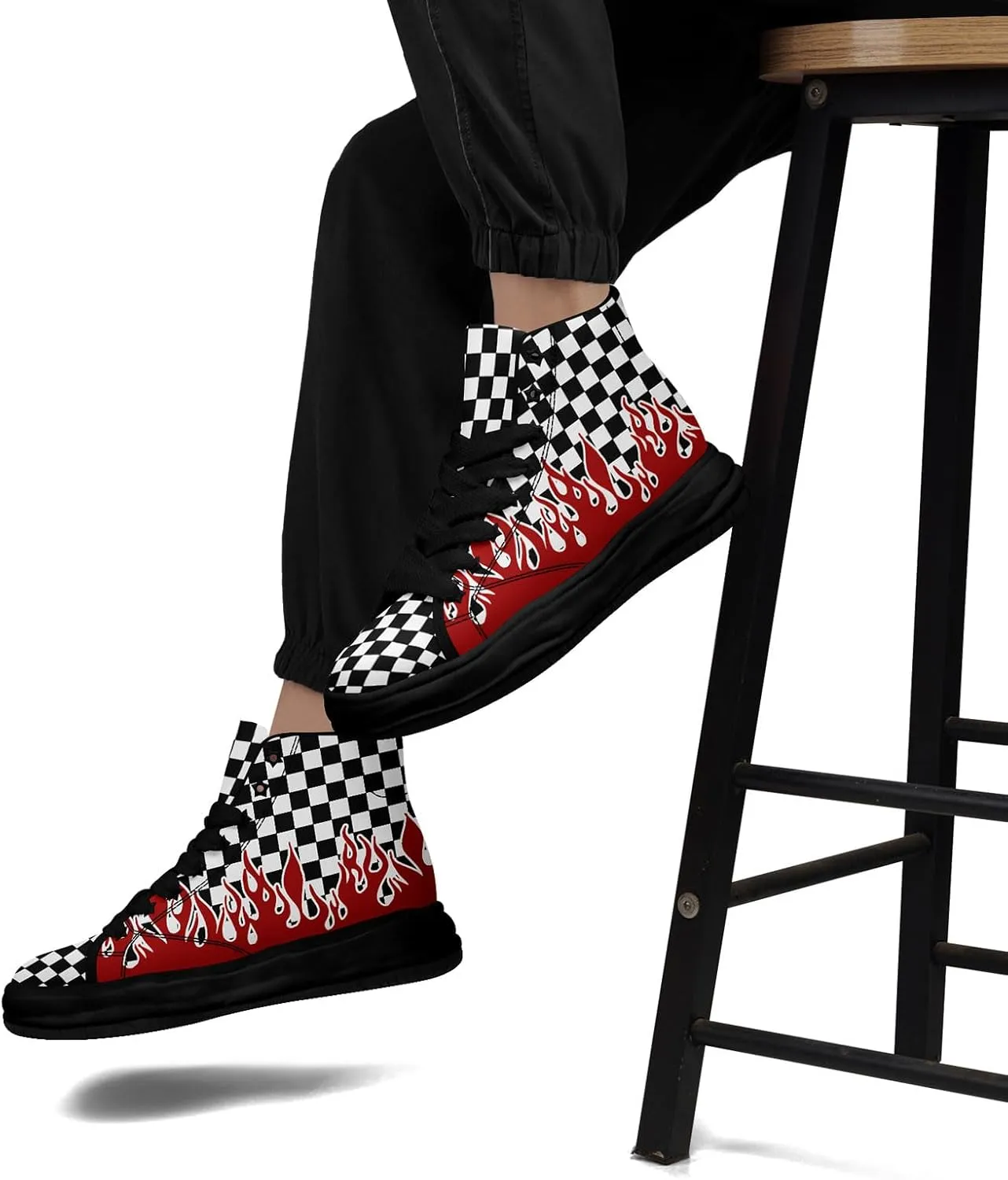 Checkered Flame High-Top Platform Sneakers, Custom Chunky Elevated Canvas Trainers for Streetwear Race Casual Footwear