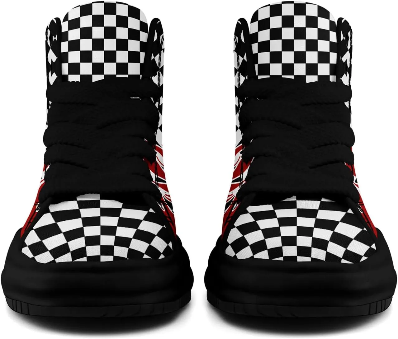 Checkered Flame High-Top Platform Sneakers, Custom Chunky Elevated Canvas Trainers for Streetwear Race Casual Footwear