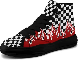 Checkered Flame High-Top Platform Sneakers, Custom Chunky Elevated Canvas Trainers for Streetwear Race Casual Footwear