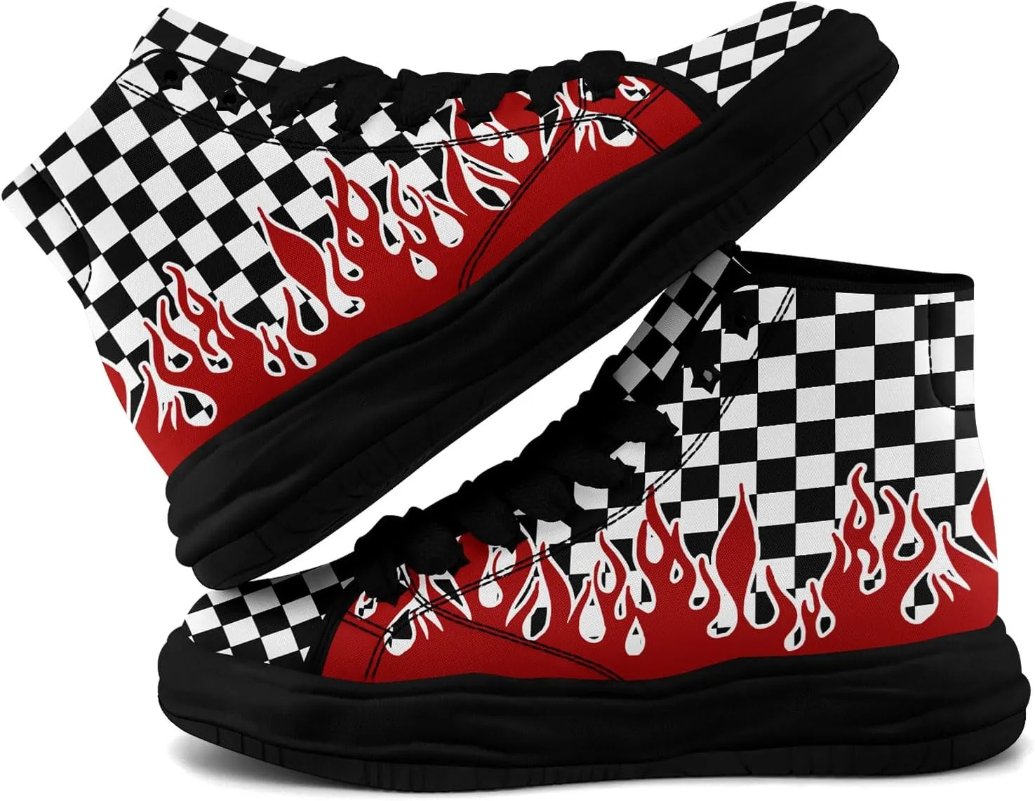 Checkered Flame High-Top Platform Sneakers, Custom Chunky Elevated Canvas Trainers for Streetwear Race Casual Footwear