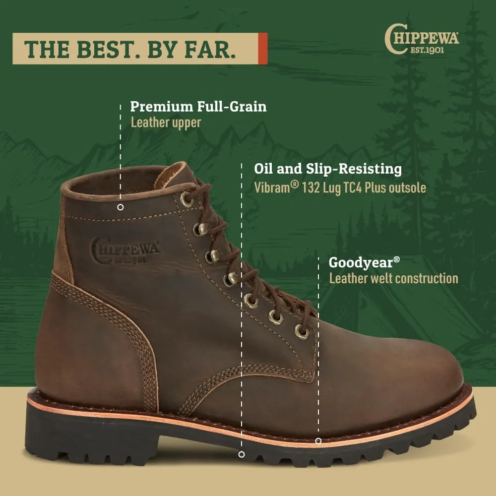 Chippewa Men's 6" Classic 2.0 Soft Toe Unlined Lace Up Work Boots - Durable, Full-Grain Leather Work Boots for Men