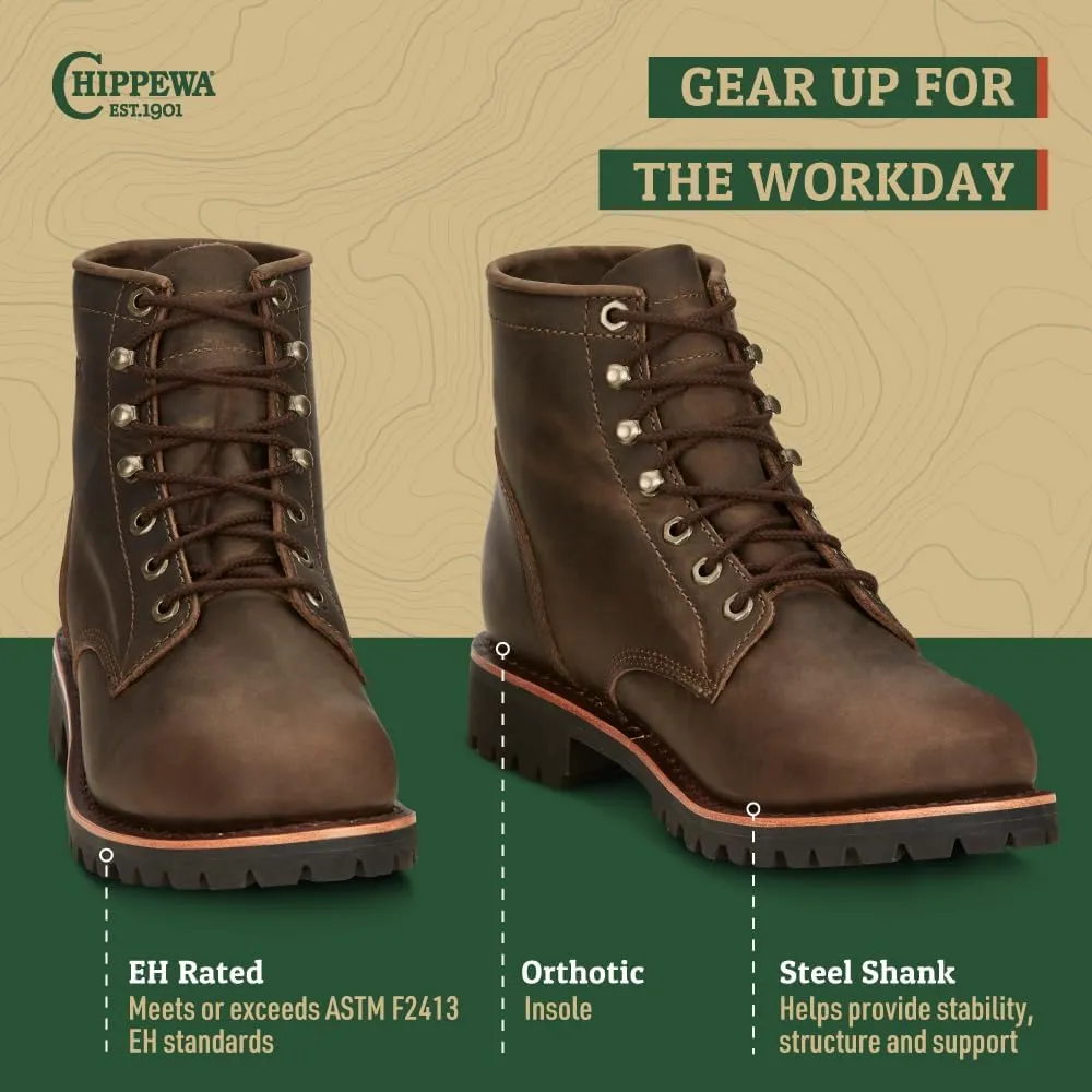 Chippewa Men's 6" Classic 2.0 Soft Toe Unlined Lace Up Work Boots - Durable, Full-Grain Leather Work Boots for Men