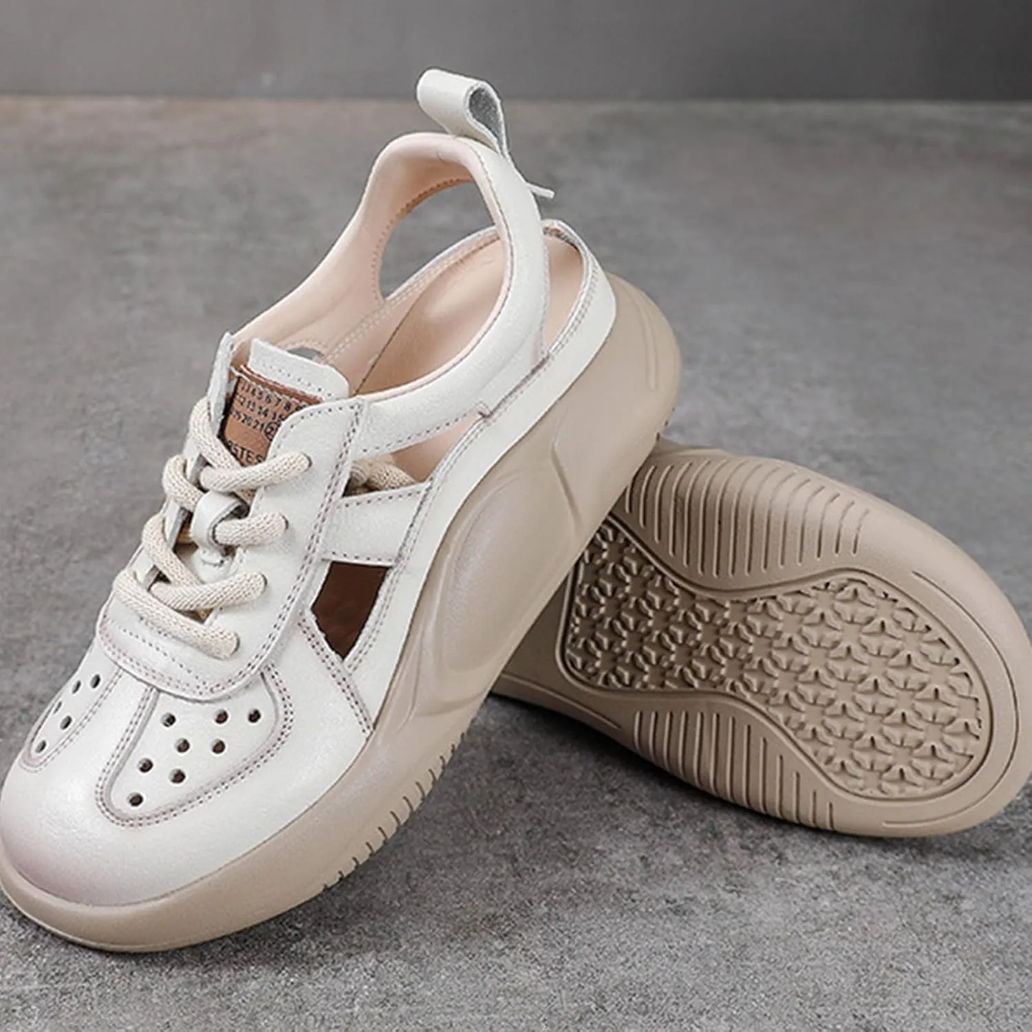 Chunky Platform Hollow Out Sneakers Shoes for Women Genuine Leather Lace Up Wedge Foam Insole Slingback Closed-Toe Walking Sport Sandals Casual Fashion Comfortable Dad Shoes