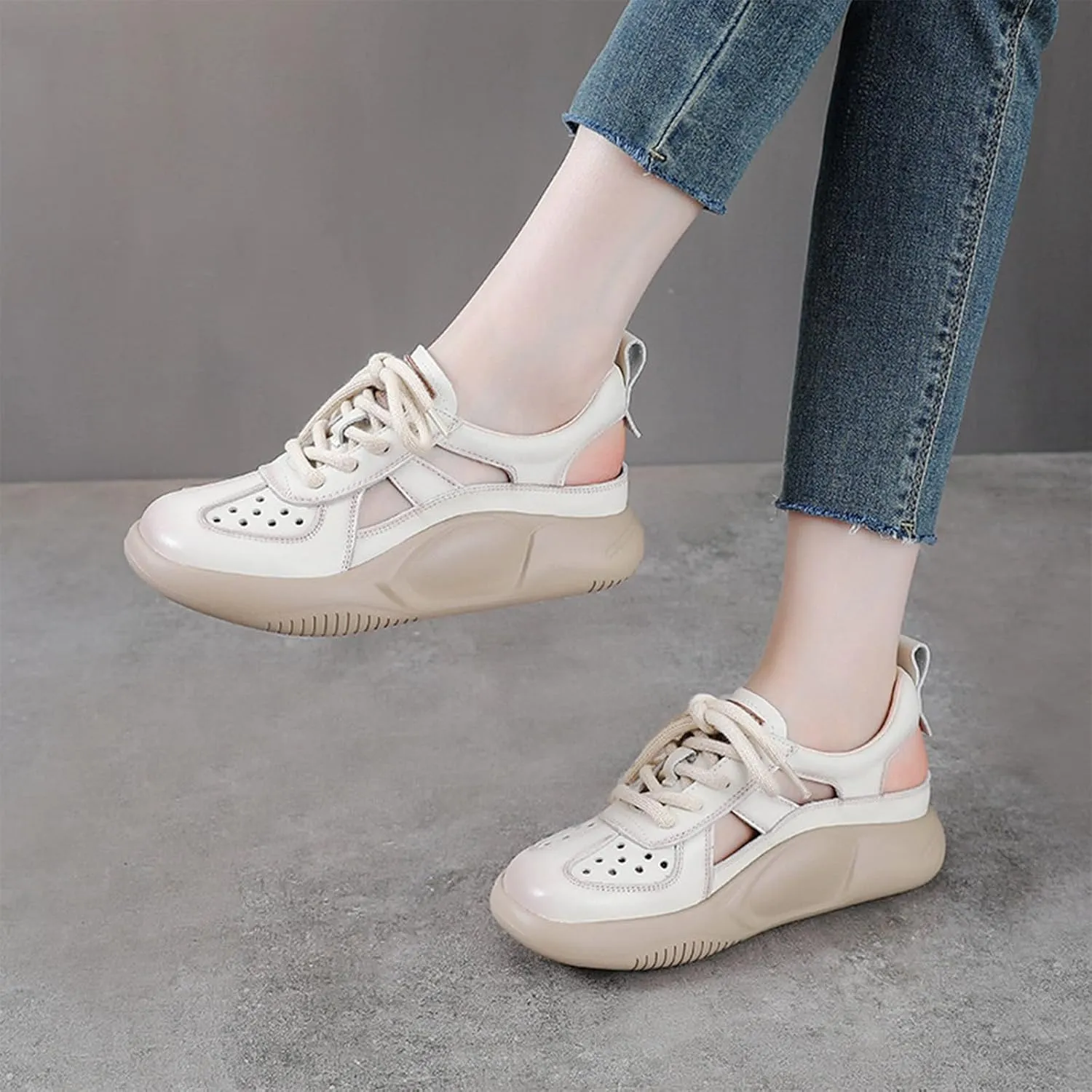 Chunky Platform Hollow Out Sneakers Shoes for Women Genuine Leather Lace Up Wedge Foam Insole Slingback Closed-Toe Walking Sport Sandals Casual Fashion Comfortable Dad Shoes