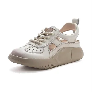 Chunky Platform Hollow Out Sneakers Shoes for Women Genuine Leather Lace Up Wedge Foam Insole Slingback Closed-Toe Walking Sport Sandals Casual Fashion Comfortable Dad Shoes