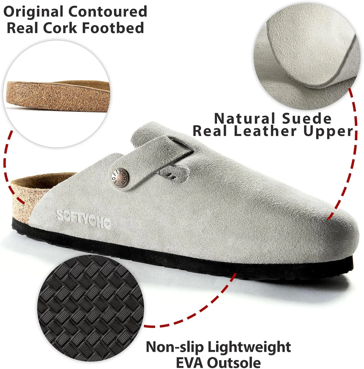 Clogs for Women Men, Mules with Arch Support and Adjustable Buckle, Suede Leather Cork Footbed Potato Shoes