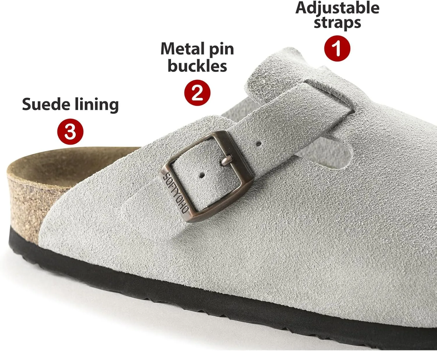 Clogs for Women Men, Mules with Arch Support and Adjustable Buckle, Suede Leather Cork Footbed Potato Shoes