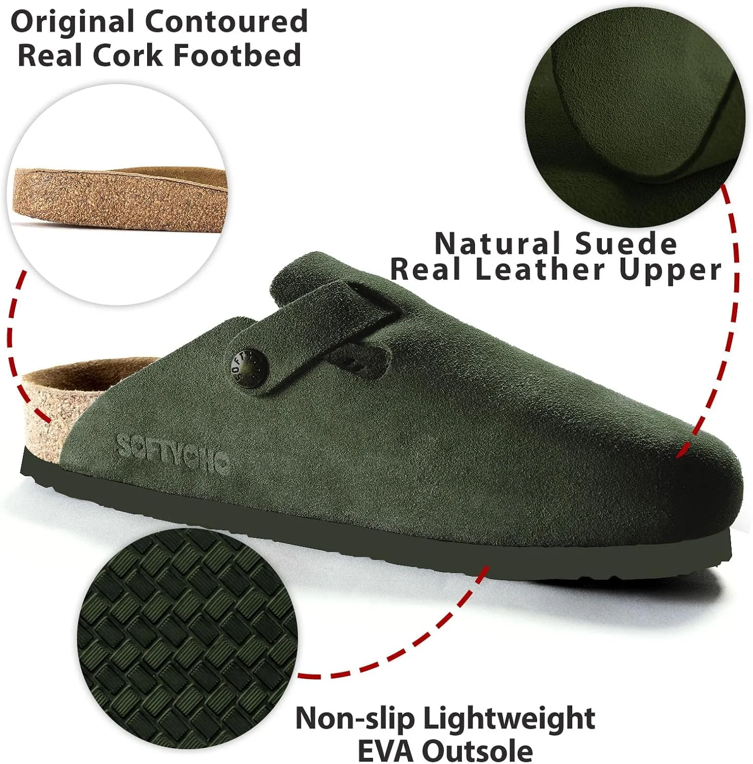 Clogs for Women Men, Mules with Arch Support and Adjustable Buckle, Suede Leather Cork Footbed Potato Shoes