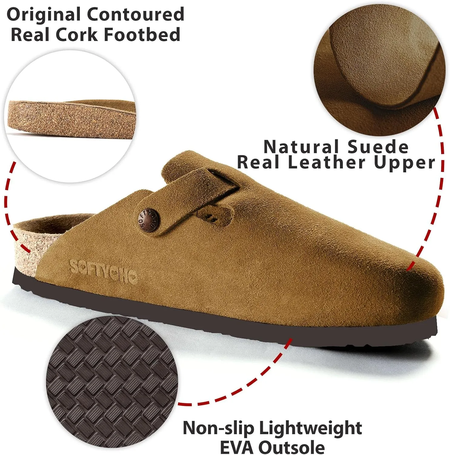 Clogs for Women Men, Mules with Arch Support and Adjustable Buckle, Suede Leather Cork Footbed Potato Shoes