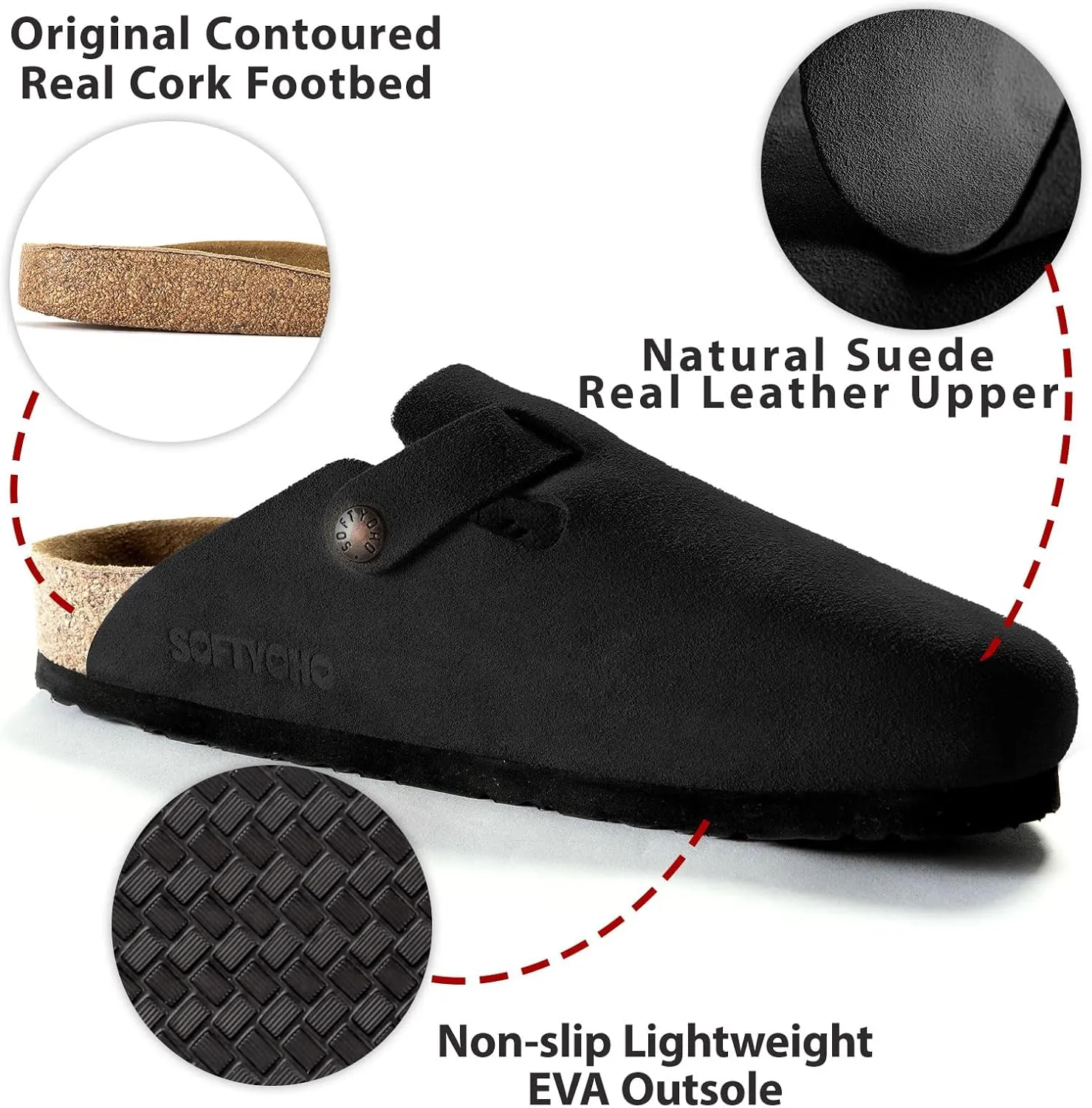 Clogs for Women Men, Mules with Arch Support and Adjustable Buckle, Suede Leather Cork Footbed Potato Shoes