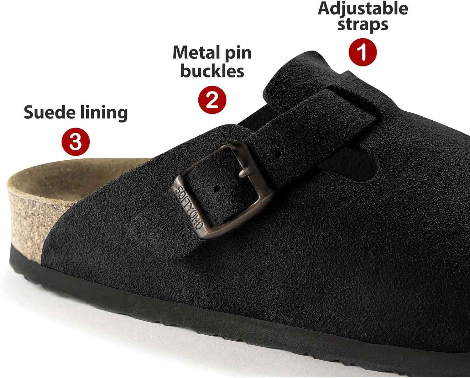 Clogs for Women Men, Mules with Arch Support and Adjustable Buckle, Suede Leather Cork Footbed Potato Shoes