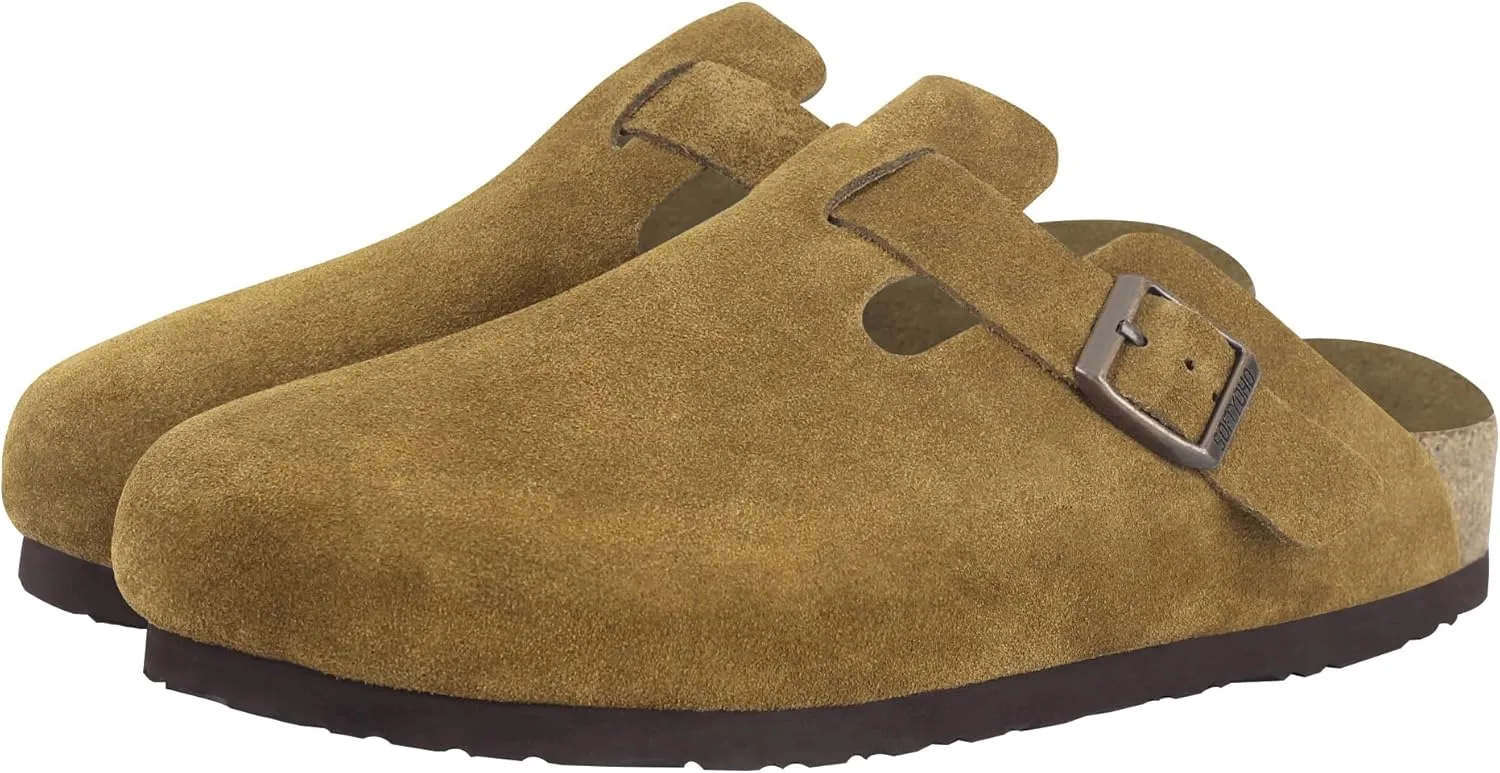 Clogs for Women Men, Mules with Arch Support and Adjustable Buckle, Suede Leather Cork Footbed Potato Shoes