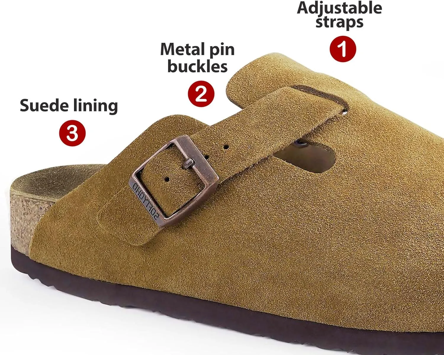 Clogs for Women Men, Mules with Arch Support and Adjustable Buckle, Suede Leather Cork Footbed Potato Shoes