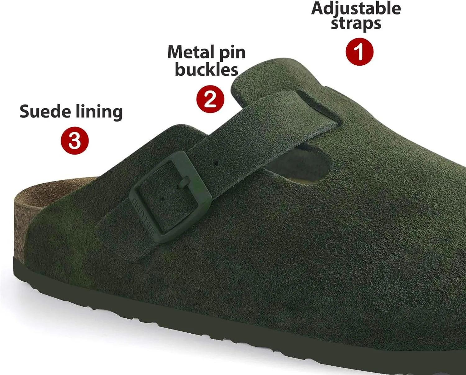 Clogs for Women Men, Mules with Arch Support and Adjustable Buckle, Suede Leather Cork Footbed Potato Shoes