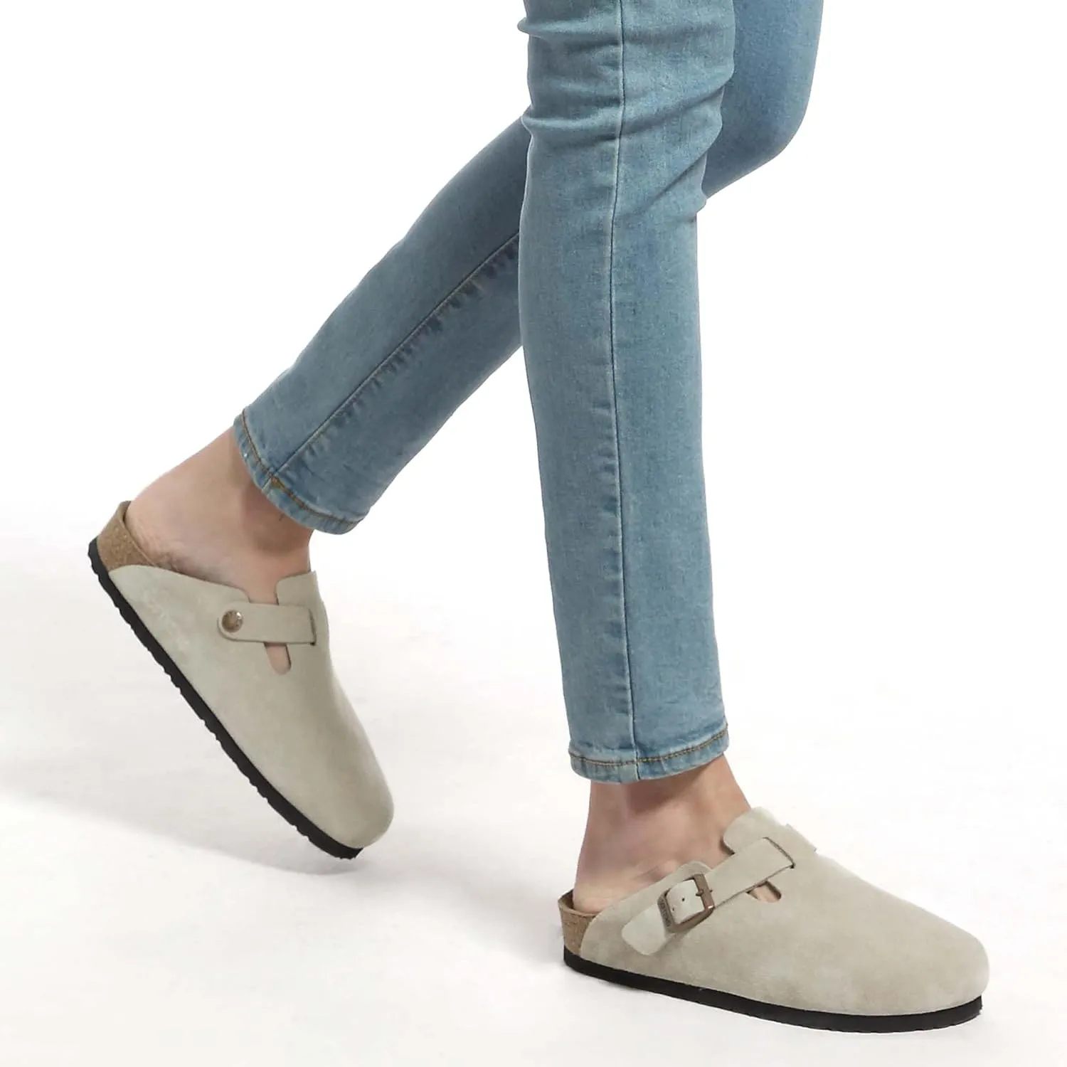 Clogs for Women Men, Mules with Arch Support and Adjustable Buckle, Suede Leather Cork Footbed Potato Shoes