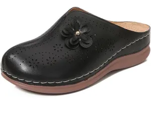 Clogs for Women Slip on Mules with Floret Closed Toe Sandals, Summer Shoes, Comfortable Walking Wedge Clogs (Black,8.5)