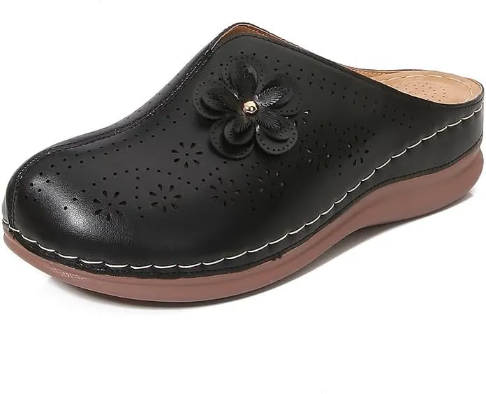 Clogs for Women Slip on Mules with Floret Closed Toe Sandals, Summer Shoes, Comfortable Walking Wedge Clogs (Black,8.5)