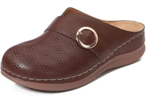 Comfortable Walking Wedge Clogs for Women Slip on Mules with Buckle Closed Toe Sandals, Summer Casual Shoes (Brown,7.5-8)
