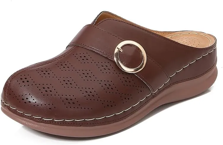 Comfortable Walking Wedge Clogs for Women Slip on Mules with Buckle Closed Toe Sandals, Summer Casual Shoes (Brown,7.5-8)