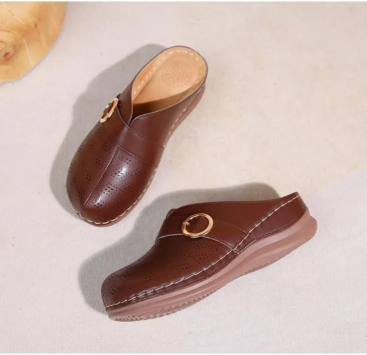Comfortable Walking Wedge Clogs for Women Slip on Mules with Buckle Closed Toe Sandals, Summer Casual Shoes (Brown,7.5-8)