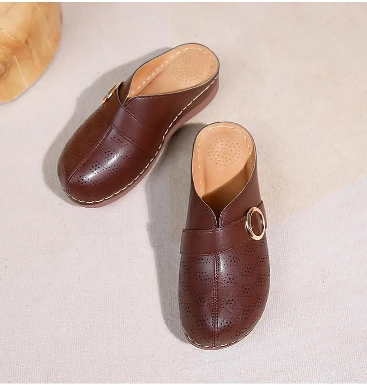 Comfortable Walking Wedge Clogs for Women Slip on Mules with Buckle Closed Toe Sandals, Summer Casual Shoes (Brown,7.5-8)