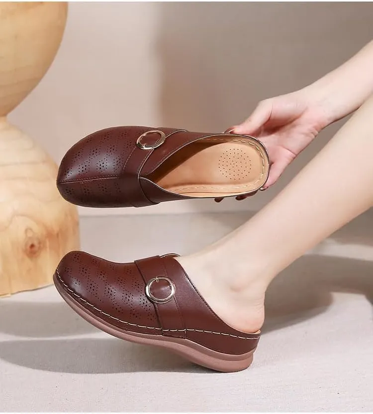 Comfortable Walking Wedge Clogs for Women Slip on Mules with Buckle Closed Toe Sandals, Summer Casual Shoes (Brown,7.5-8)