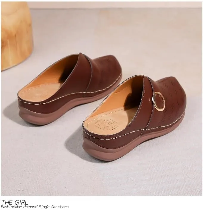 Comfortable Walking Wedge Clogs for Women Slip on Mules with Buckle Closed Toe Sandals, Summer Casual Shoes (Brown,7.5-8)