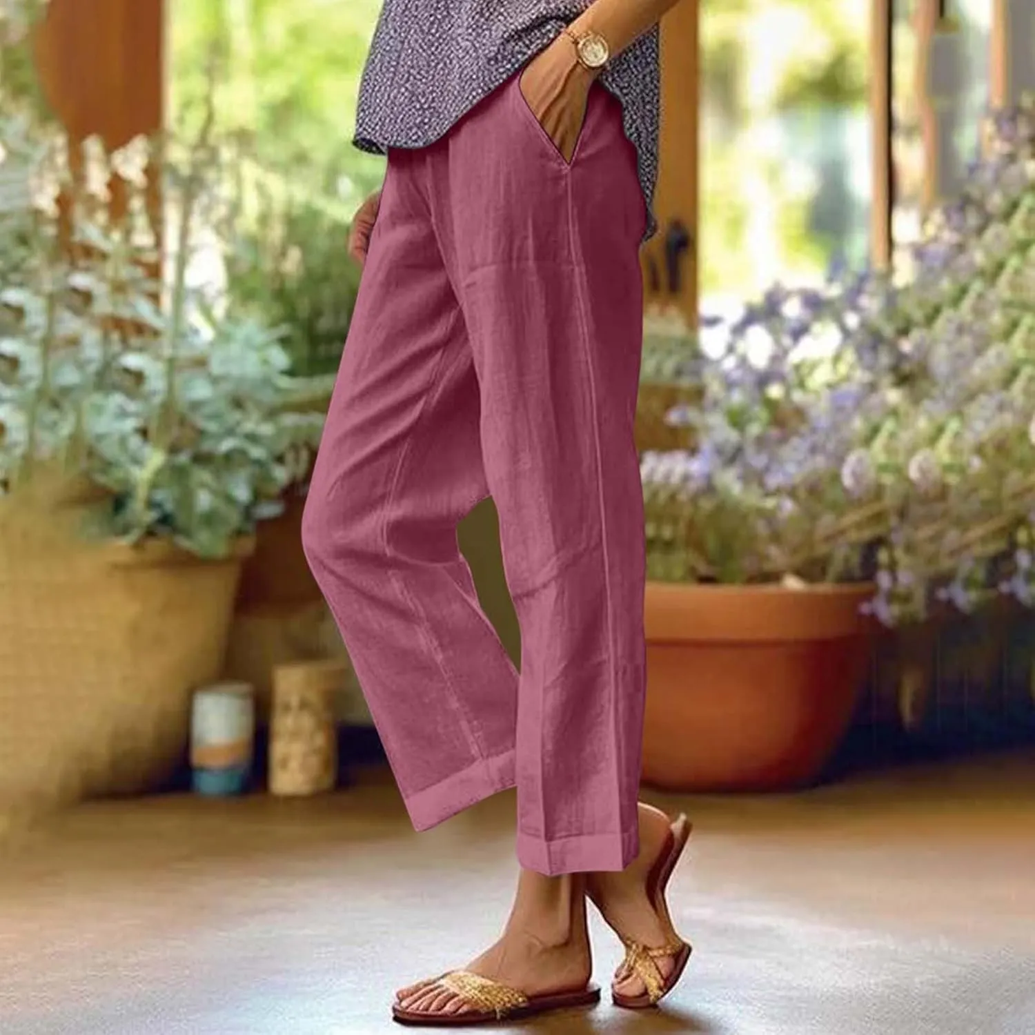 Cotton Linen Pants Women Summer Elastic Straight Leg Pants Plus Size Wide Leg Crop Pants Beach Trousers with Pockets