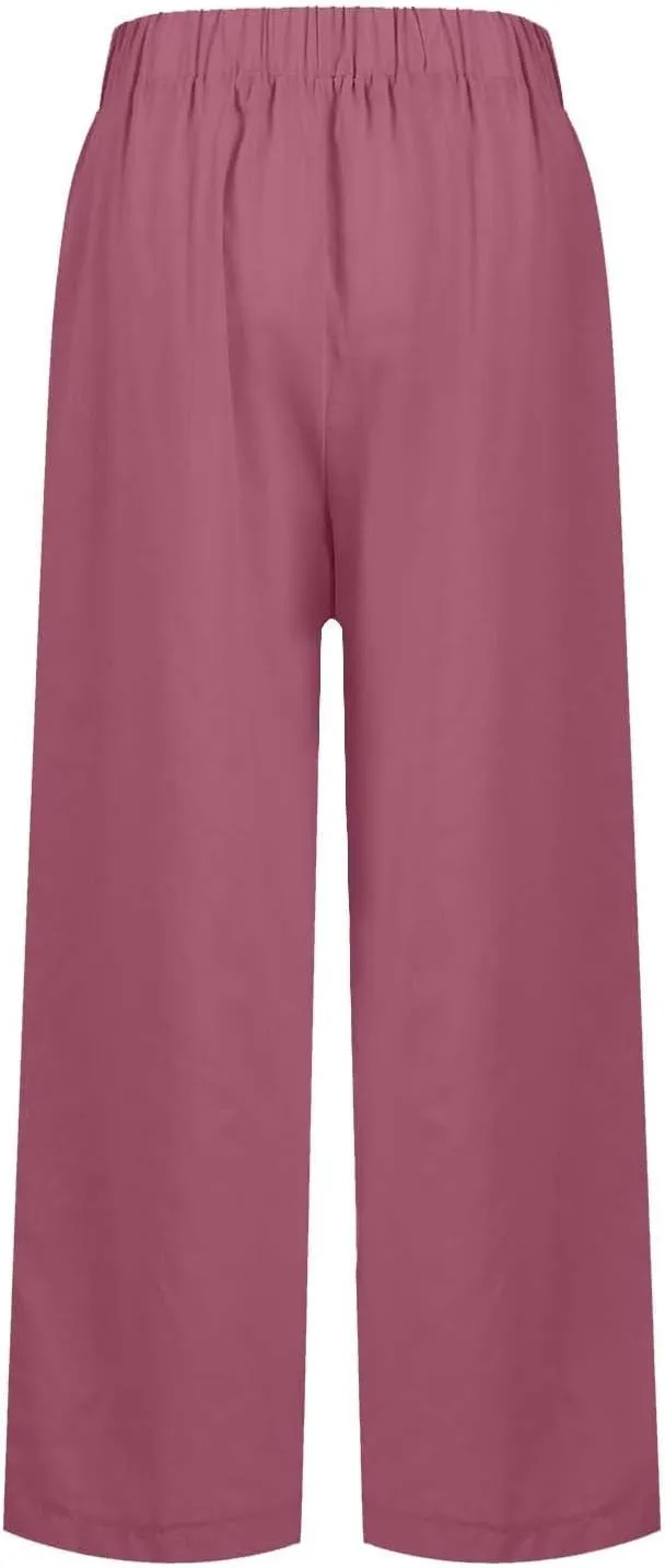Cotton Linen Pants Women Summer Elastic Straight Leg Pants Plus Size Wide Leg Crop Pants Beach Trousers with Pockets
