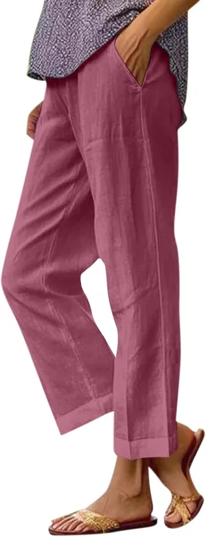 Cotton Linen Pants Women Summer Elastic Straight Leg Pants Plus Size Wide Leg Crop Pants Beach Trousers with Pockets