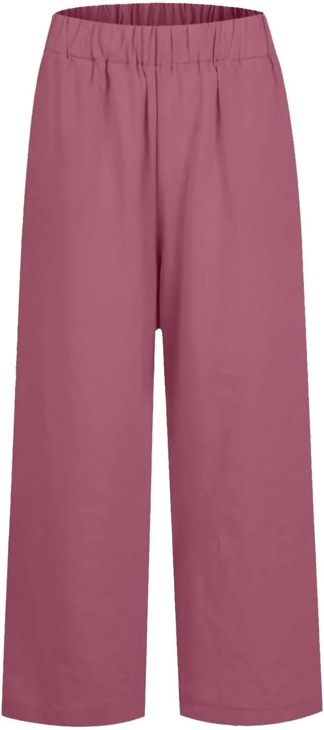 Cotton Linen Pants Women Summer Elastic Straight Leg Pants Plus Size Wide Leg Crop Pants Beach Trousers with Pockets