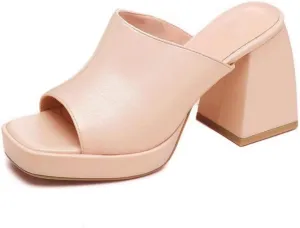 Coutgo Womens Chunky Platform Mules Sandals Slip On Block Heels Square Toe High Heeled Dress Shoes