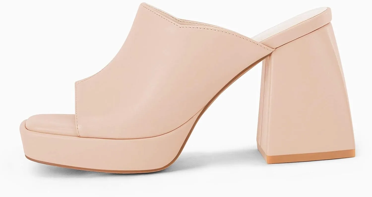 Coutgo Womens Chunky Platform Mules Sandals Slip On Block Heels Square Toe High Heeled Dress Shoes
