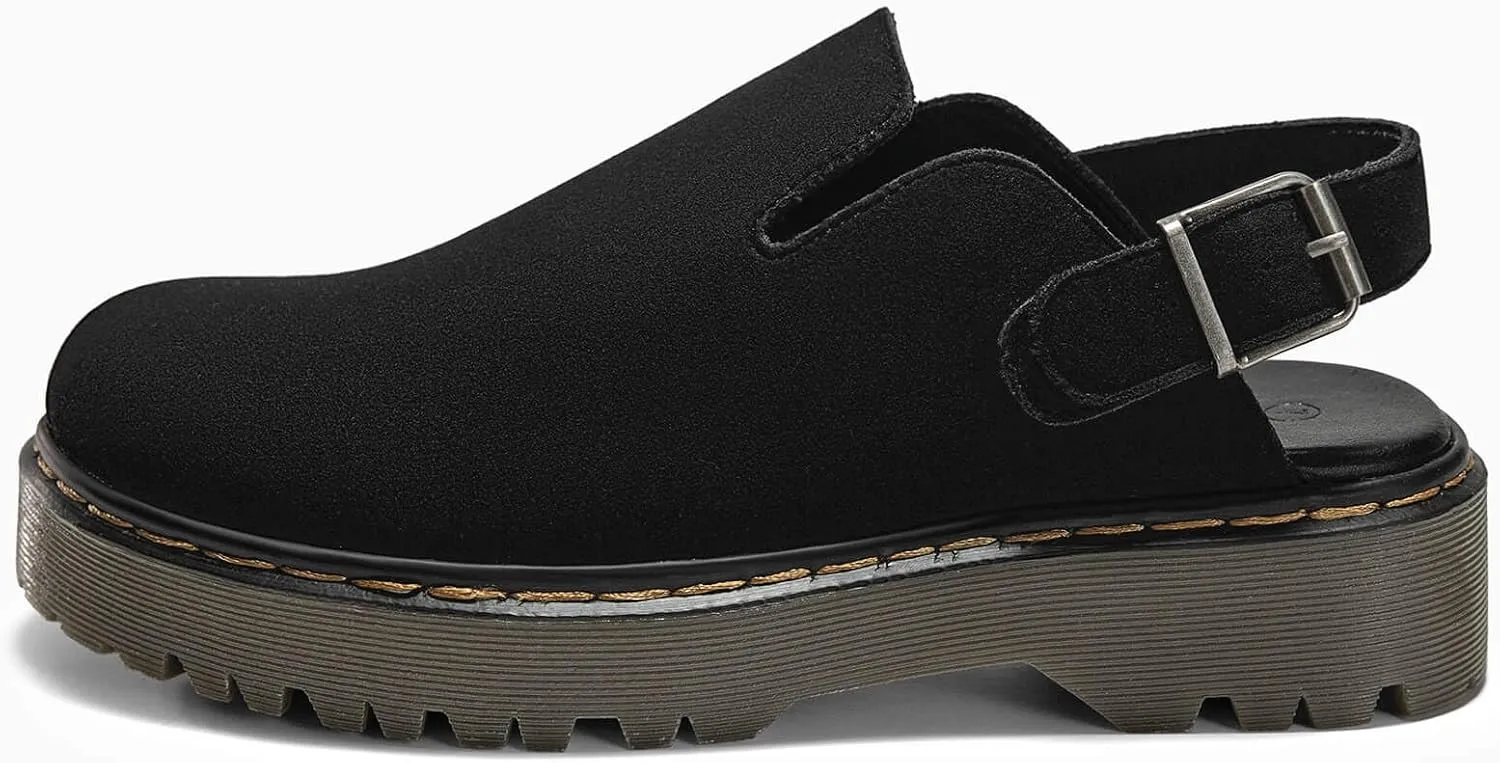 Coutgo Women's Platform Clogs Adjustable Strap Slingback Mules Suede Leather Closed Toe Slip on Shoes