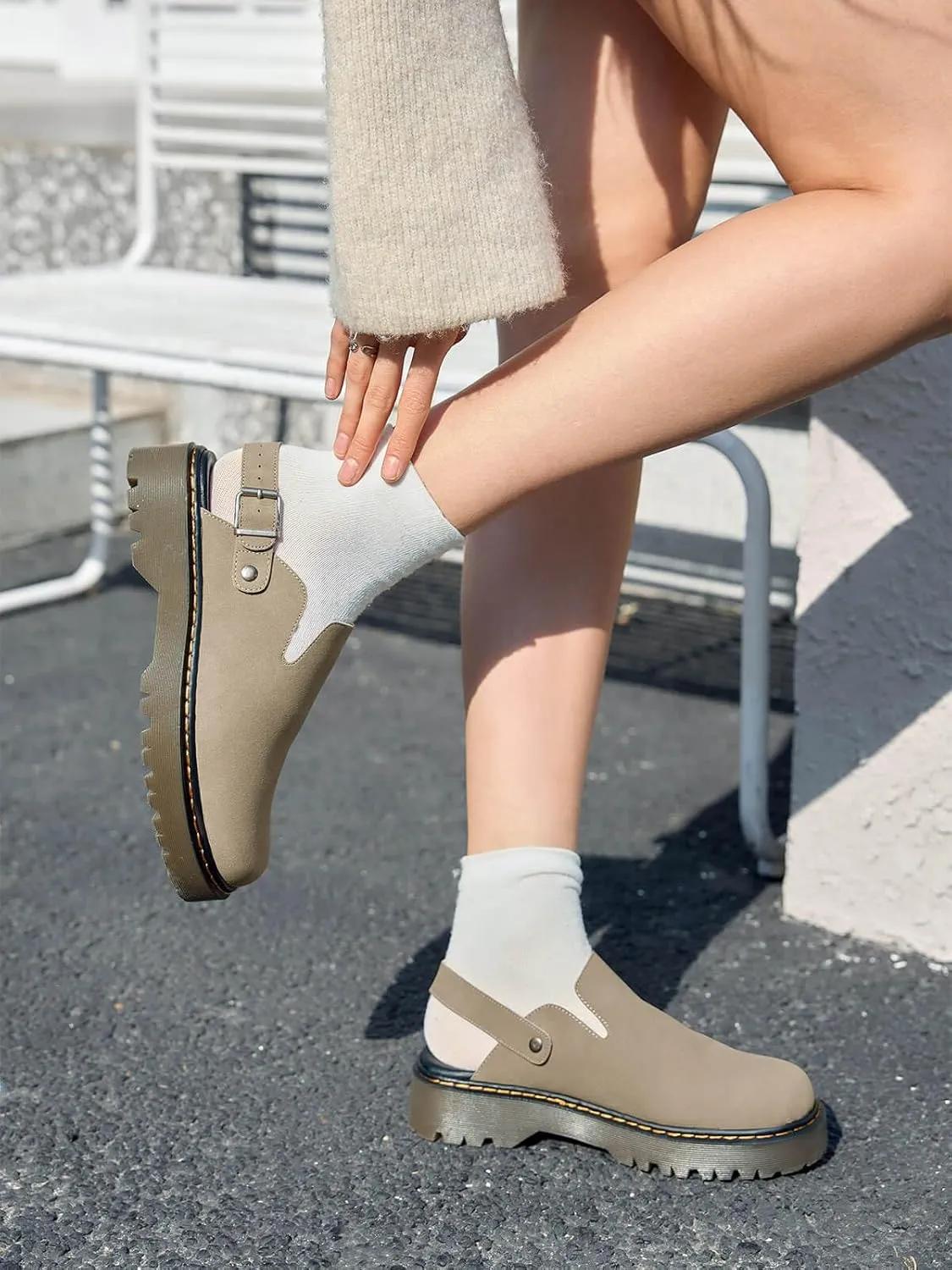 Coutgo Women's Platform Clogs Adjustable Strap Slingback Mules Suede Leather Closed Toe Slip on Shoes