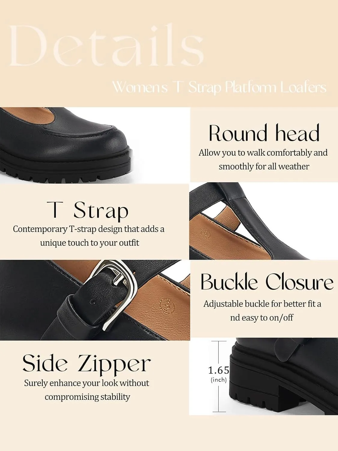 Coutgo Women's Platform Loafers T Strap Chunky Low Heel Buckle Strap Mary Jane Comfortable Casual Office Shoes
